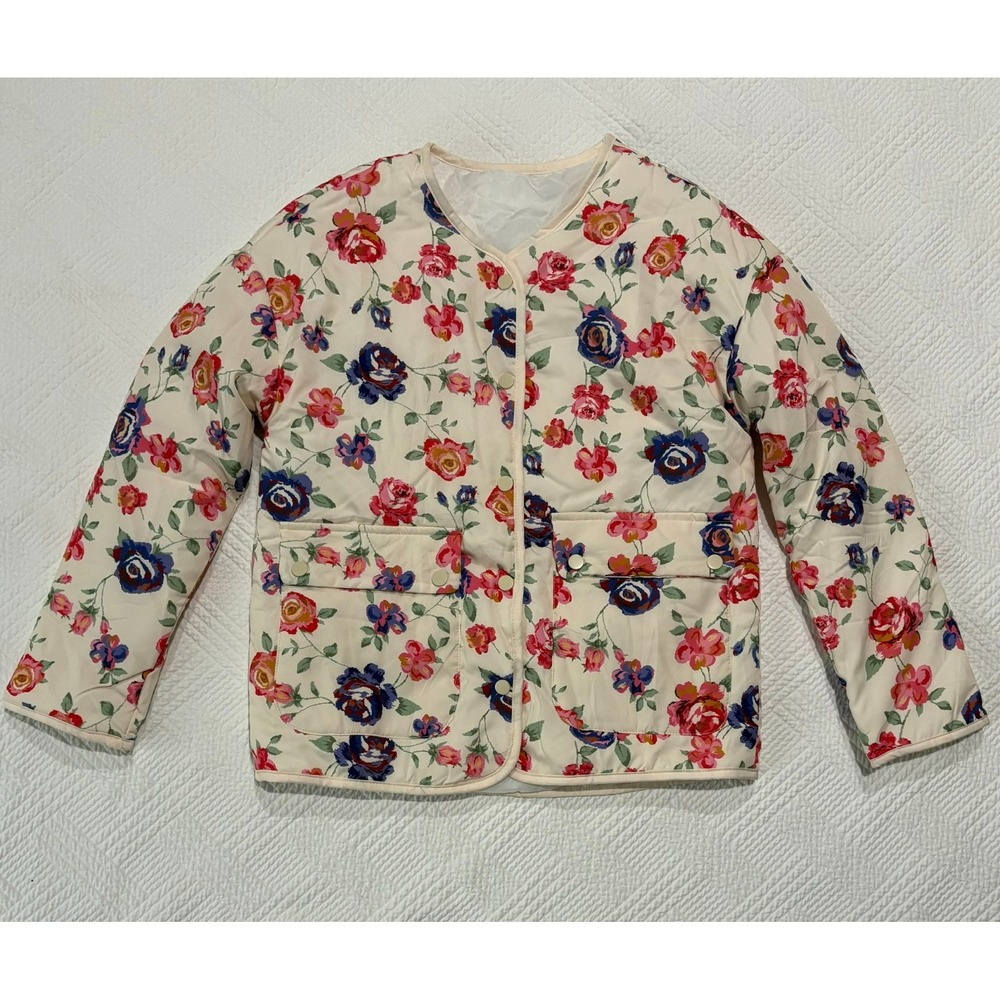 Floral Women's Lightweight Puffer Jacket Pockets Snaps Size Small Off White